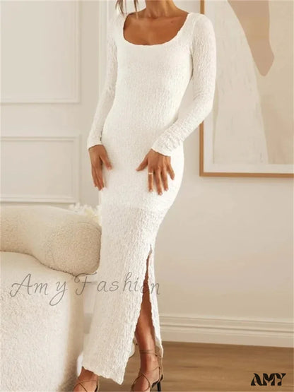 Amy Fashion - Elegant Women Sleeve Ruched Round Neck Low Cut Side High Split White Party Female