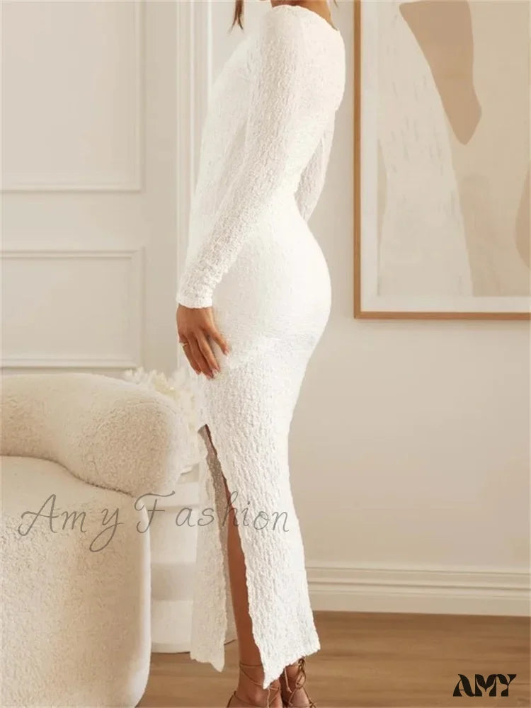 Amy Fashion - Elegant Women Sleeve Ruched Round Neck Low Cut Side High Split White Party Female