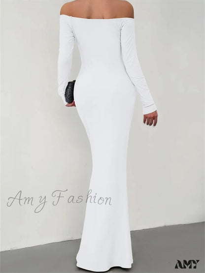 Amy Fashion - Elegant Women Sleeve Trumpet Solid Slash Neck Off-Shoulder Party Beach Cocktail Club