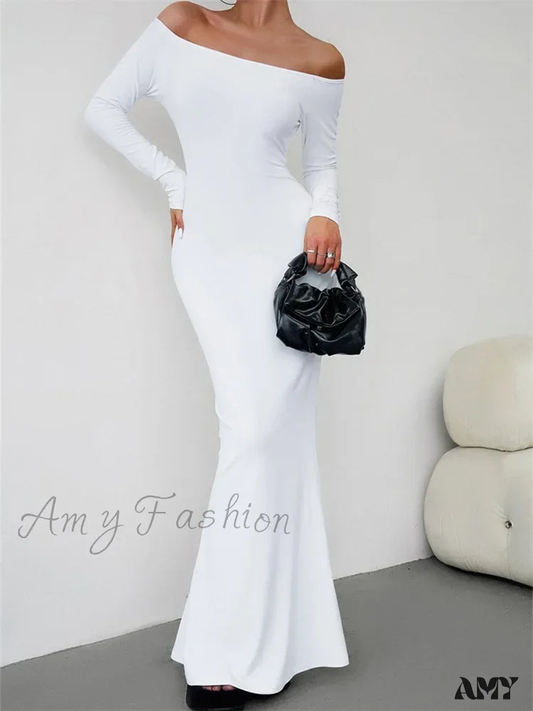 Amy Fashion - Elegant Women Sleeve Trumpet Solid Slash Neck Off-Shoulder Party Beach Cocktail Club