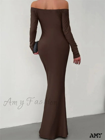 Amy Fashion - Elegant Women Sleeve Trumpet Solid Slash Neck Off-Shoulder Party Beach Cocktail Club