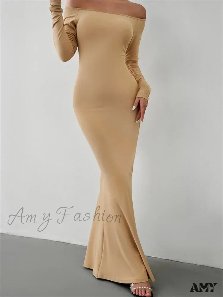 Amy Fashion - Elegant Women Sleeve Trumpet Solid Slash Neck Off-Shoulder Party Beach Cocktail Club