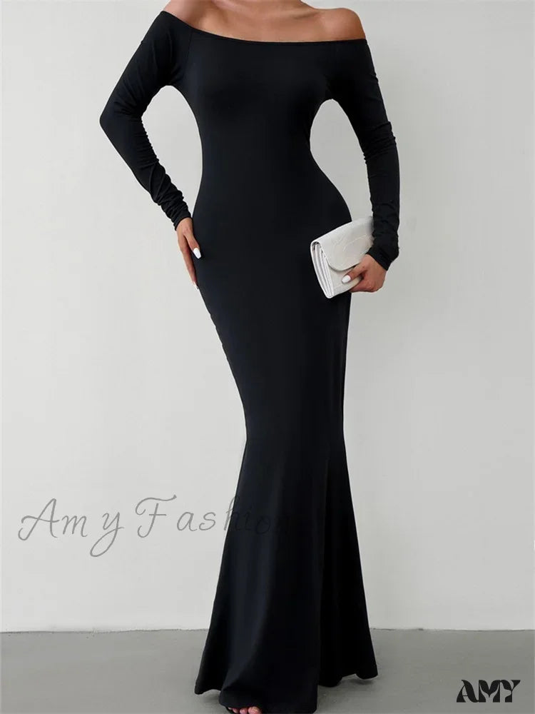 Amy Fashion - Elegant Women Sleeve Trumpet Solid Slash Neck Off-Shoulder Party Beach Cocktail Club