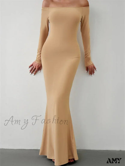 Amy Fashion - Elegant Women Sleeve Trumpet Solid Slash Neck Off-Shoulder Party Beach Cocktail Club