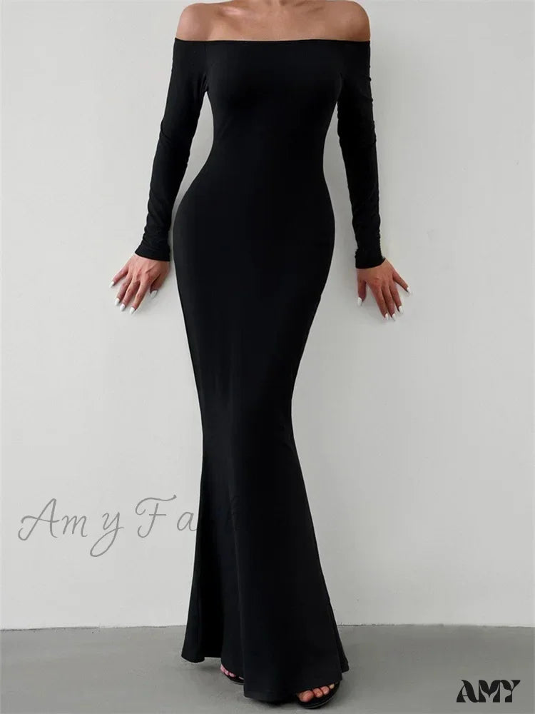 Amy Fashion - Elegant Women Sleeve Trumpet Solid Slash Neck Off-Shoulder Party Beach Cocktail Club