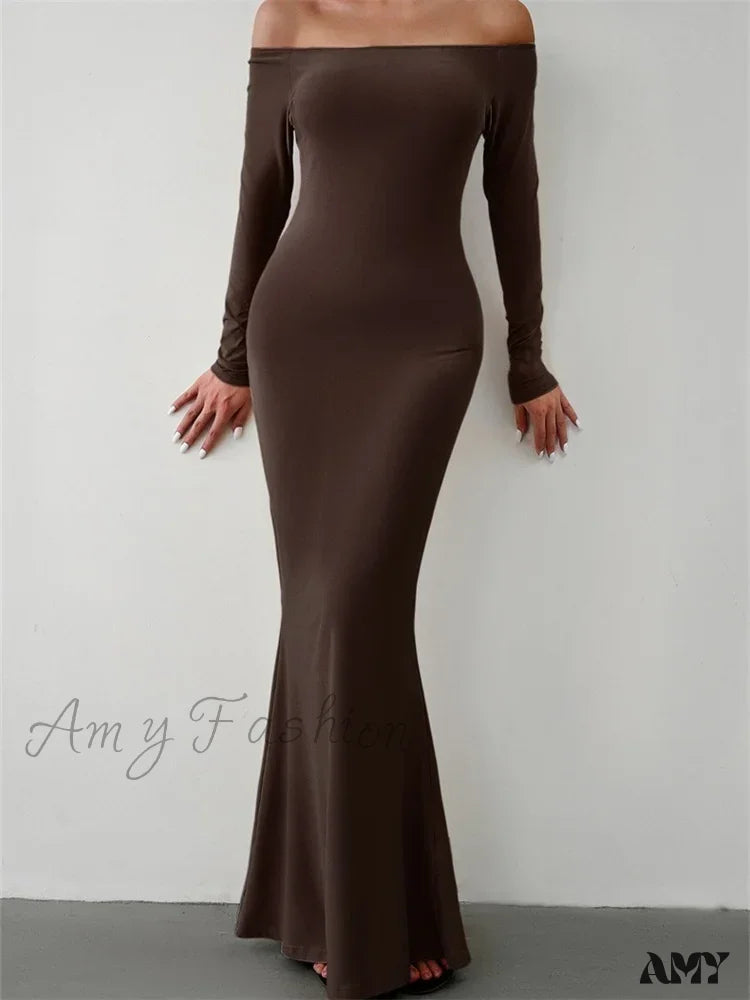 Amy Fashion - Elegant Women Sleeve Trumpet Solid Slash Neck Off-Shoulder Party Beach Cocktail Club