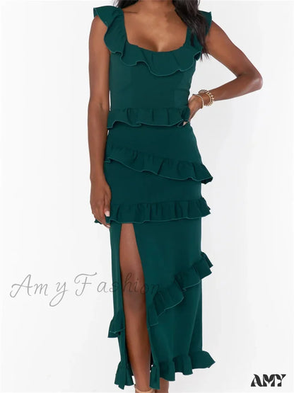 Amy Fashion - Elegant Women Sleeveless Strap Ruffle Sling Square Neck Summer Beach Side Split Party