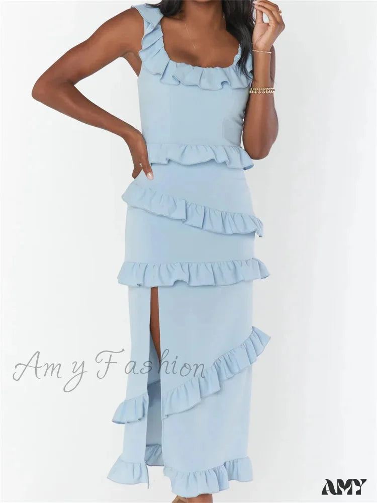 Amy Fashion - Elegant Women Sleeveless Strap Ruffle Sling Square Neck Summer Beach Side Split Party