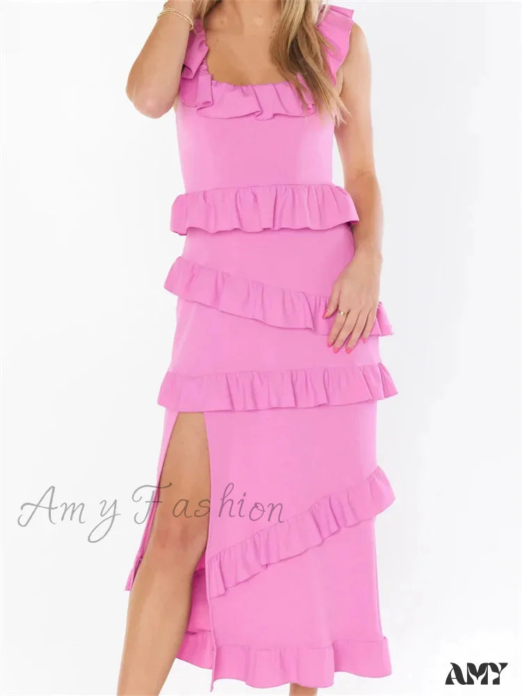 Amy Fashion - Elegant Women Sleeveless Strap Ruffle Sling Square Neck Summer Beach Side Split Party