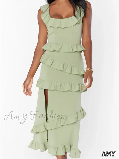 Amy Fashion - Elegant Women Sleeveless Strap Ruffle Sling Square Neck Summer Beach Side Split Party