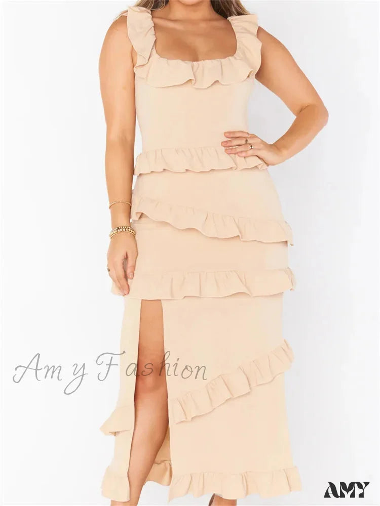 Amy Fashion - Elegant Women Sleeveless Strap Ruffle Sling Square Neck Summer Beach Side Split Party