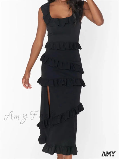 Amy Fashion - Elegant Women Sleeveless Strap Ruffle Sling Square Neck Summer Beach Side Split Party