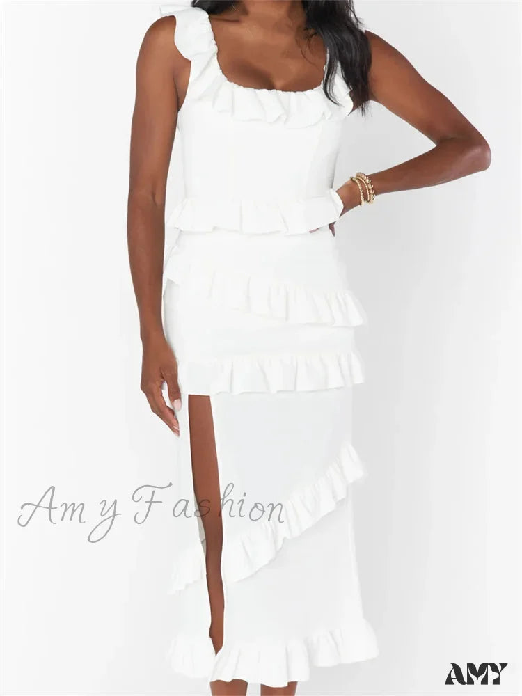 Amy Fashion - Elegant Women Sleeveless Strap Ruffle Sling Square Neck Summer Beach Side Split Party