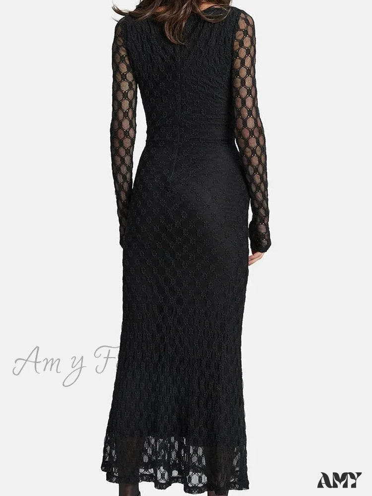 Amy Fashion - Elegant Women Spring Autumn Party See Through Sleeve Square Neck Lace Floral Slim Fit