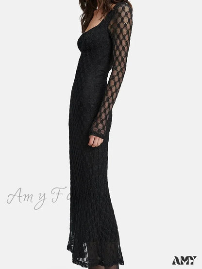 Amy Fashion - Elegant Women Spring Autumn Party See Through Sleeve Square Neck Lace Floral Slim Fit