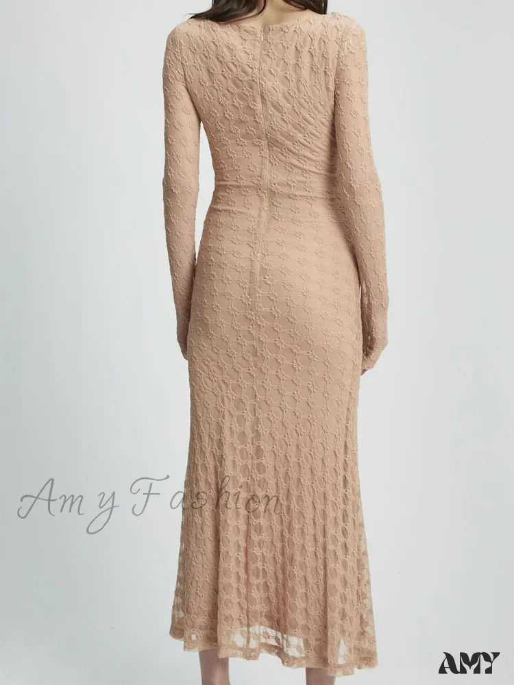 Amy Fashion - Elegant Women Spring Autumn Party See Through Sleeve Square Neck Lace Floral Slim Fit