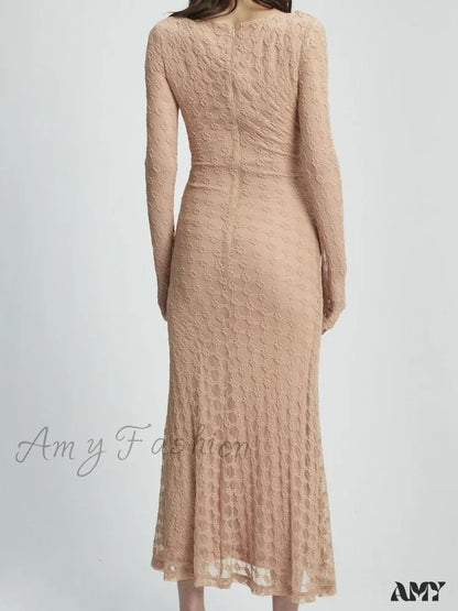 Amy Fashion - Elegant Women Spring Autumn Party See Through Sleeve Square Neck Lace Floral Slim Fit