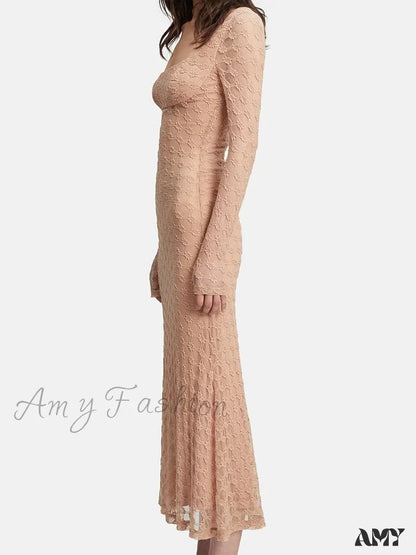 Amy Fashion - Elegant Women Spring Autumn Party See Through Sleeve Square Neck Lace Floral Slim Fit