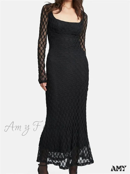 Amy Fashion - Elegant Women Spring Autumn Party See Through Sleeve Square Neck Lace Floral Slim Fit