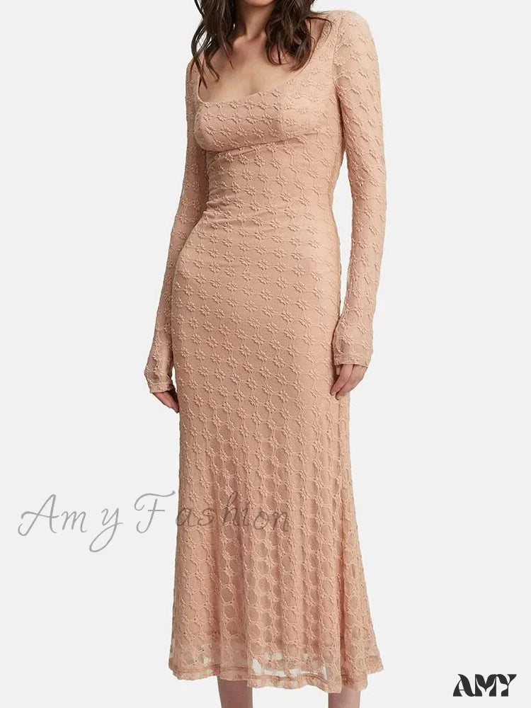 Amy Fashion - Elegant Women Spring Autumn Party See Through Sleeve Square Neck Lace Floral Slim Fit