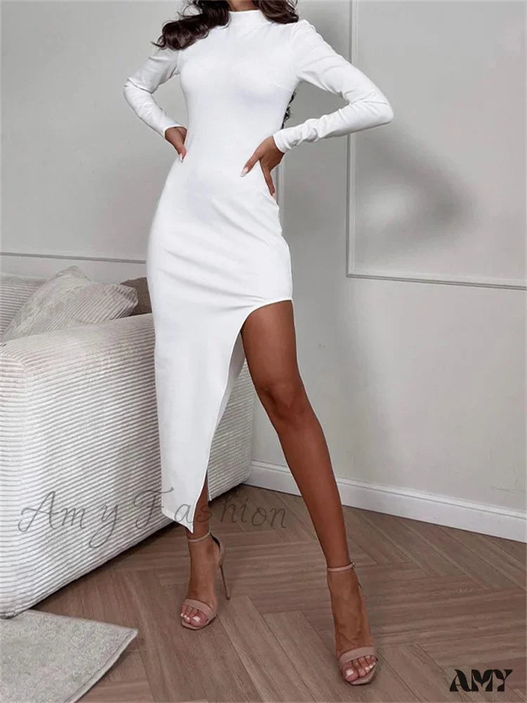 Amy Fashion - Elegant Women Spring Autumn Turtleneck Solid Color Sleeve High Split Bodycon Party