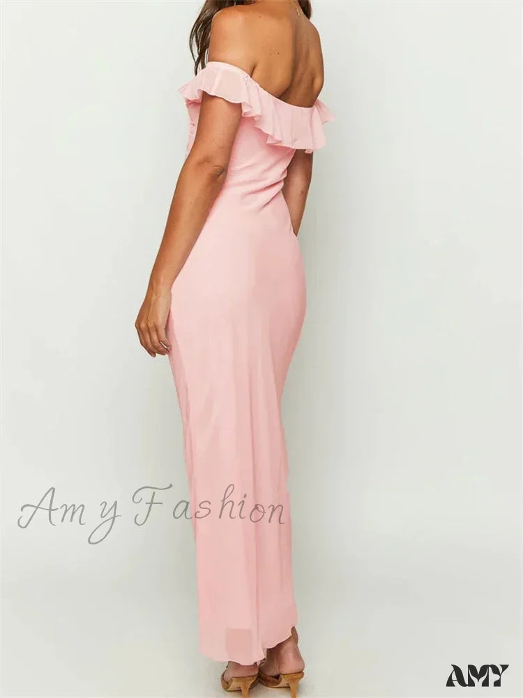 Amy Fashion - Elegant Women Summer Evening Backless Off Shoulder Slash Neck Ruffles Party Formal