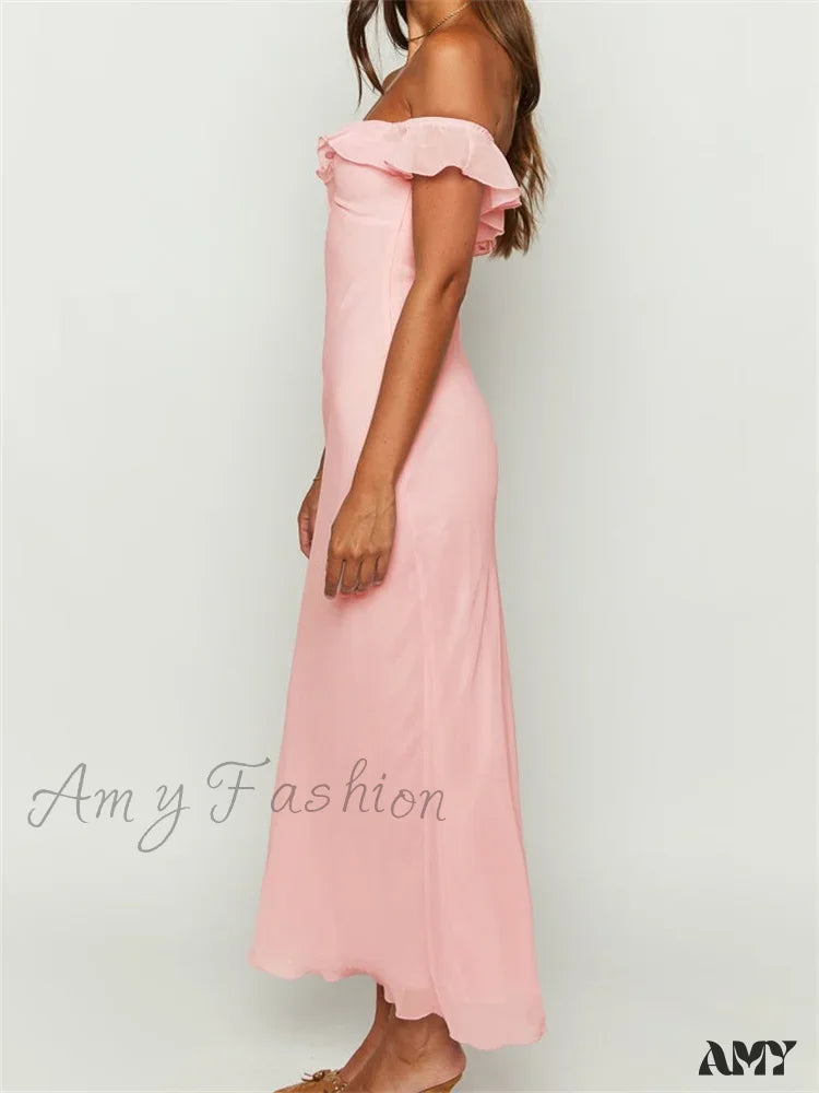 Amy Fashion - Elegant Women Summer Evening Backless Off Shoulder Slash Neck Ruffles Party Formal