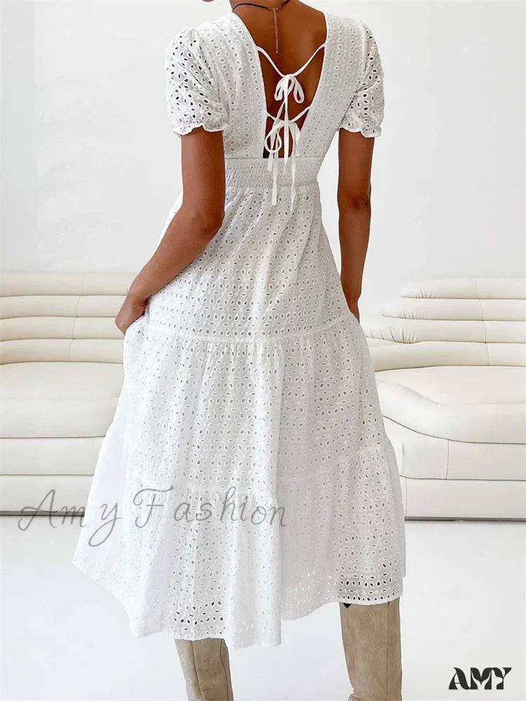 Amy Fashion - Elegant Women Summer Short Sleeve A-Line Solid V-Neck Lace Floral Backless Tie-Up