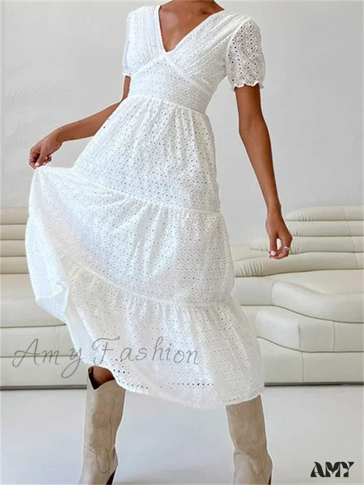 Amy Fashion - Elegant Women Summer Short Sleeve A-Line Solid V-Neck Lace Floral Backless Tie-Up