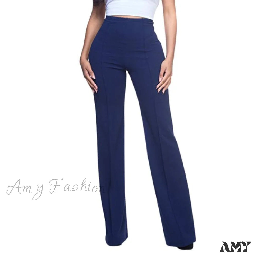 Amy Fashion - Elegant Work Office Casual Long Trousers Blue / S