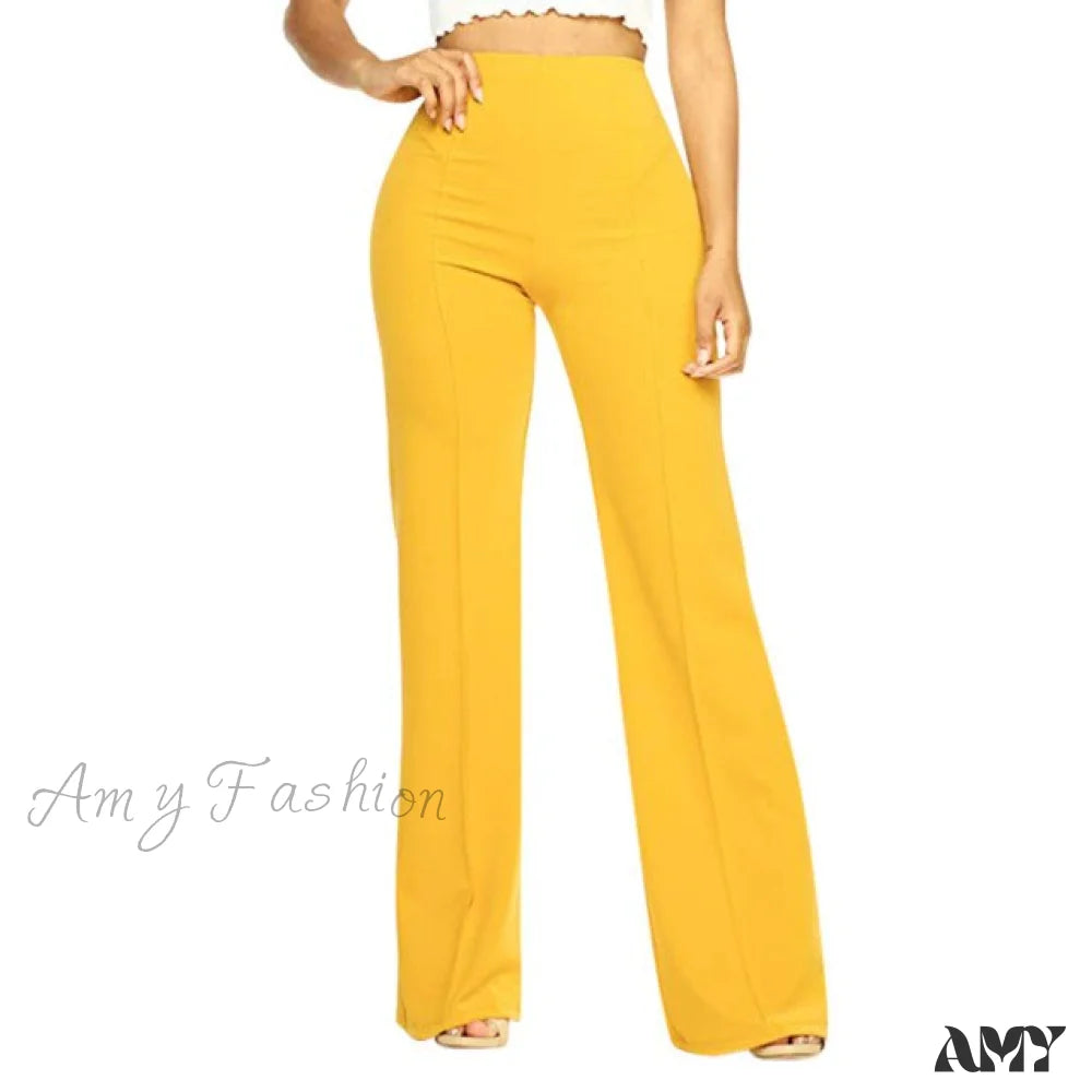 Amy Fashion - Elegant Work Office Casual Long Trousers Yellow / S