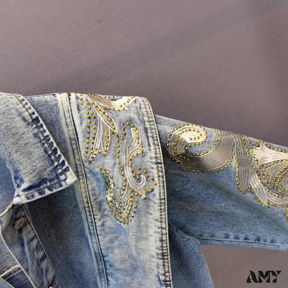 Amy Fashion - Embroidery Rhinestone Denim Jacket