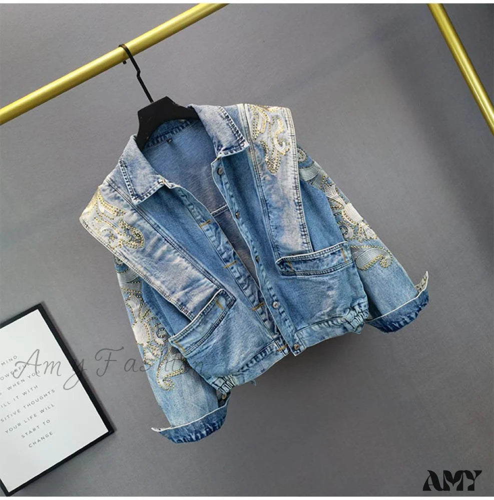 Amy Fashion - Embroidery Rhinestone Denim Jacket