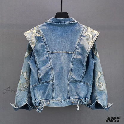 Amy Fashion - Embroidery Rhinestone Denim Jacket