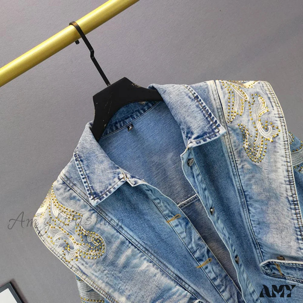 Amy Fashion - Embroidery Rhinestone Denim Jacket