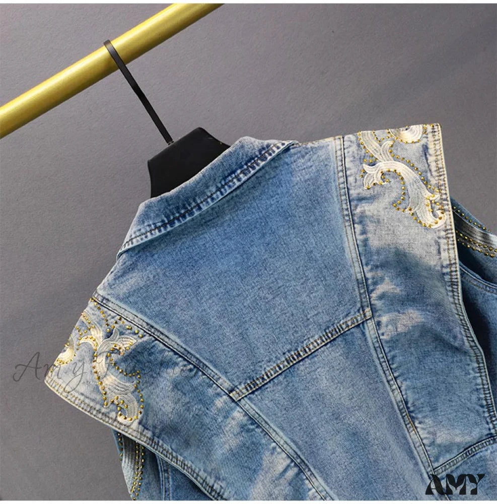 Amy Fashion - Embroidery Rhinestone Denim Jacket