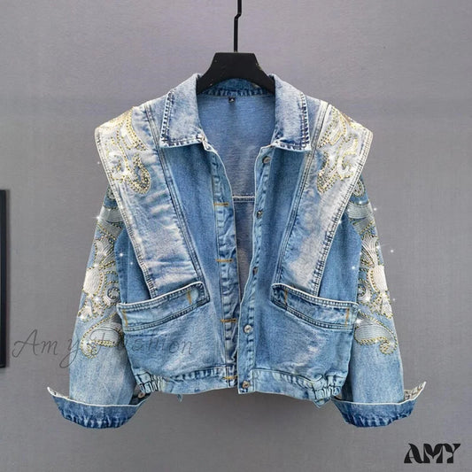 Amy Fashion - Embroidery Rhinestone Denim Jacket Blue / One Size