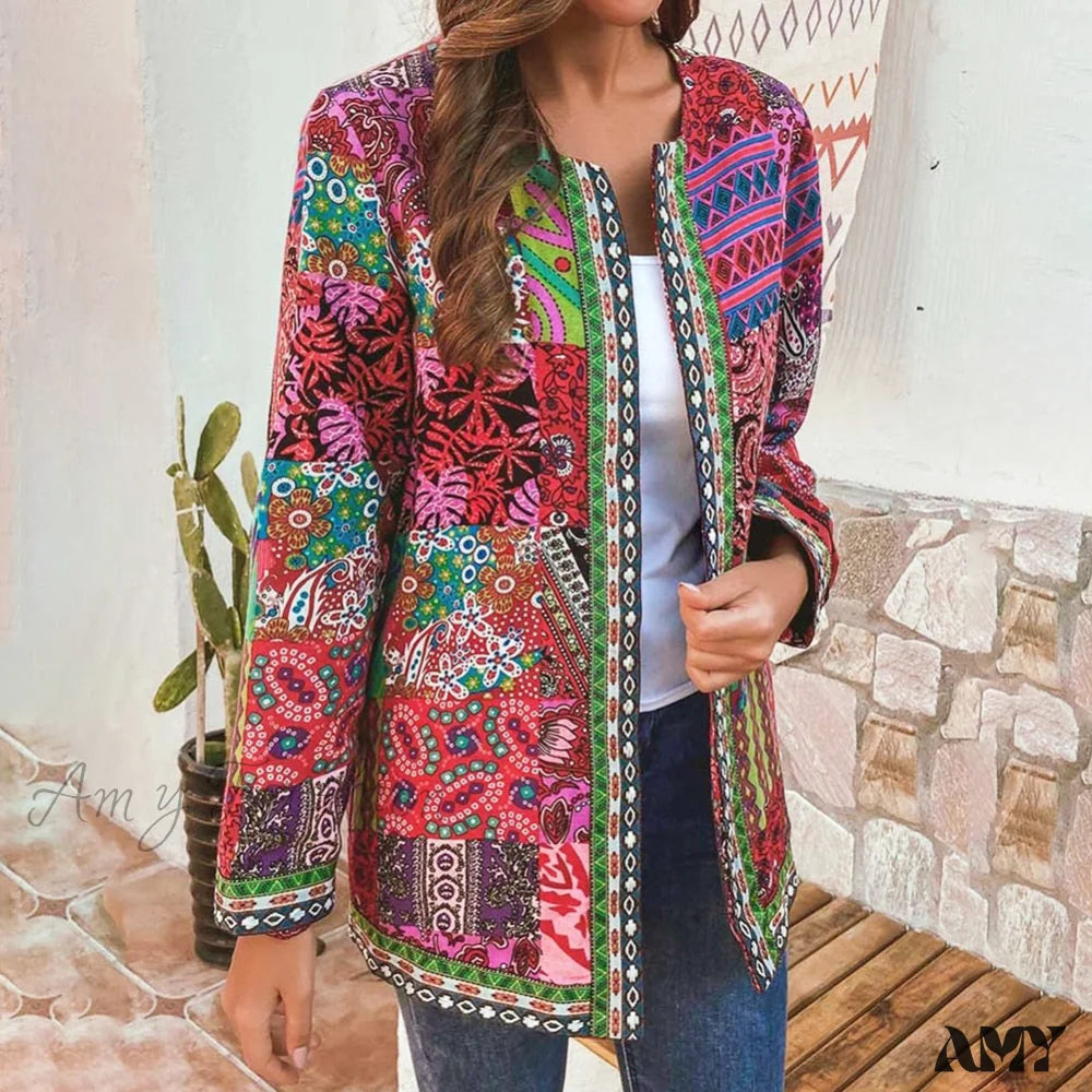 Amy Fashion - Ethnic Floral Print Long Sleeve Loose Coat Cardigan Chic Outerwear