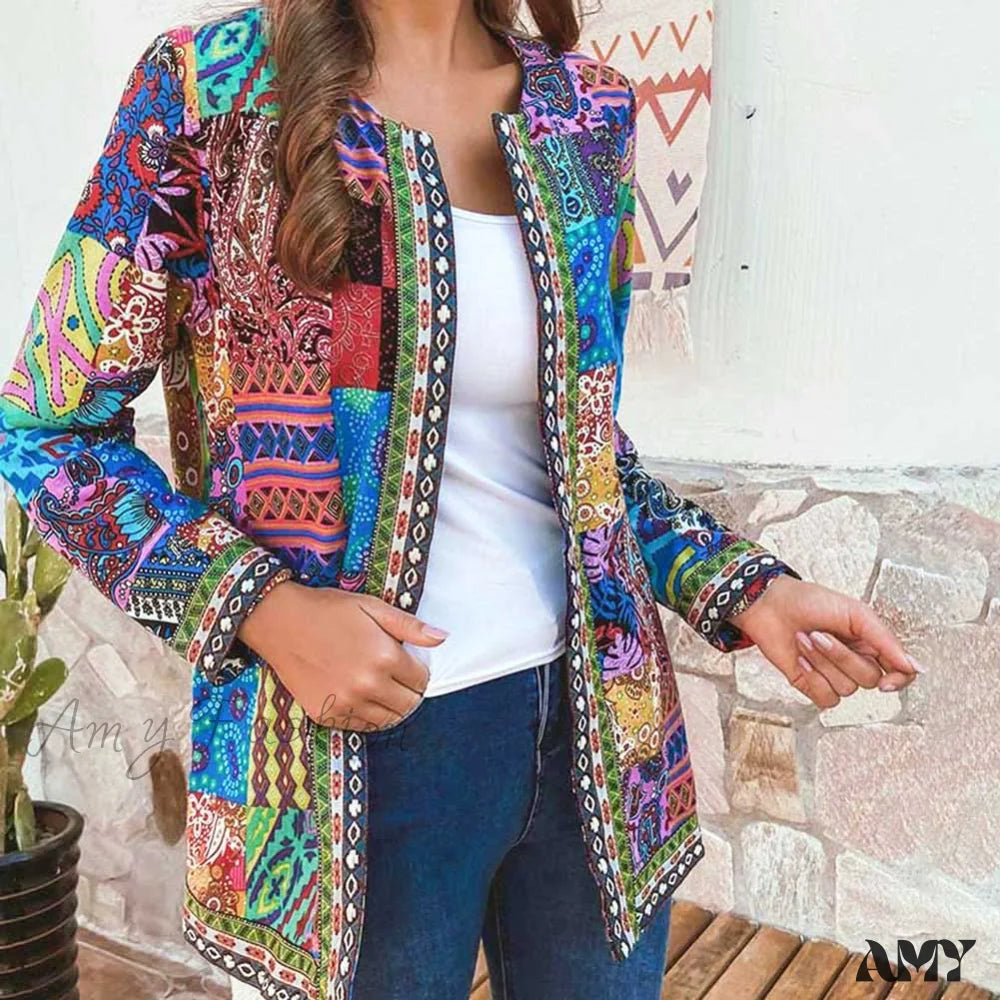 Amy Fashion - Ethnic Floral Print Long Sleeve Loose Coat Cardigan Chic Outerwear