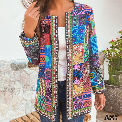 Amy Fashion - Ethnic Floral Print Long Sleeve Loose Coat Cardigan Chic Outerwear