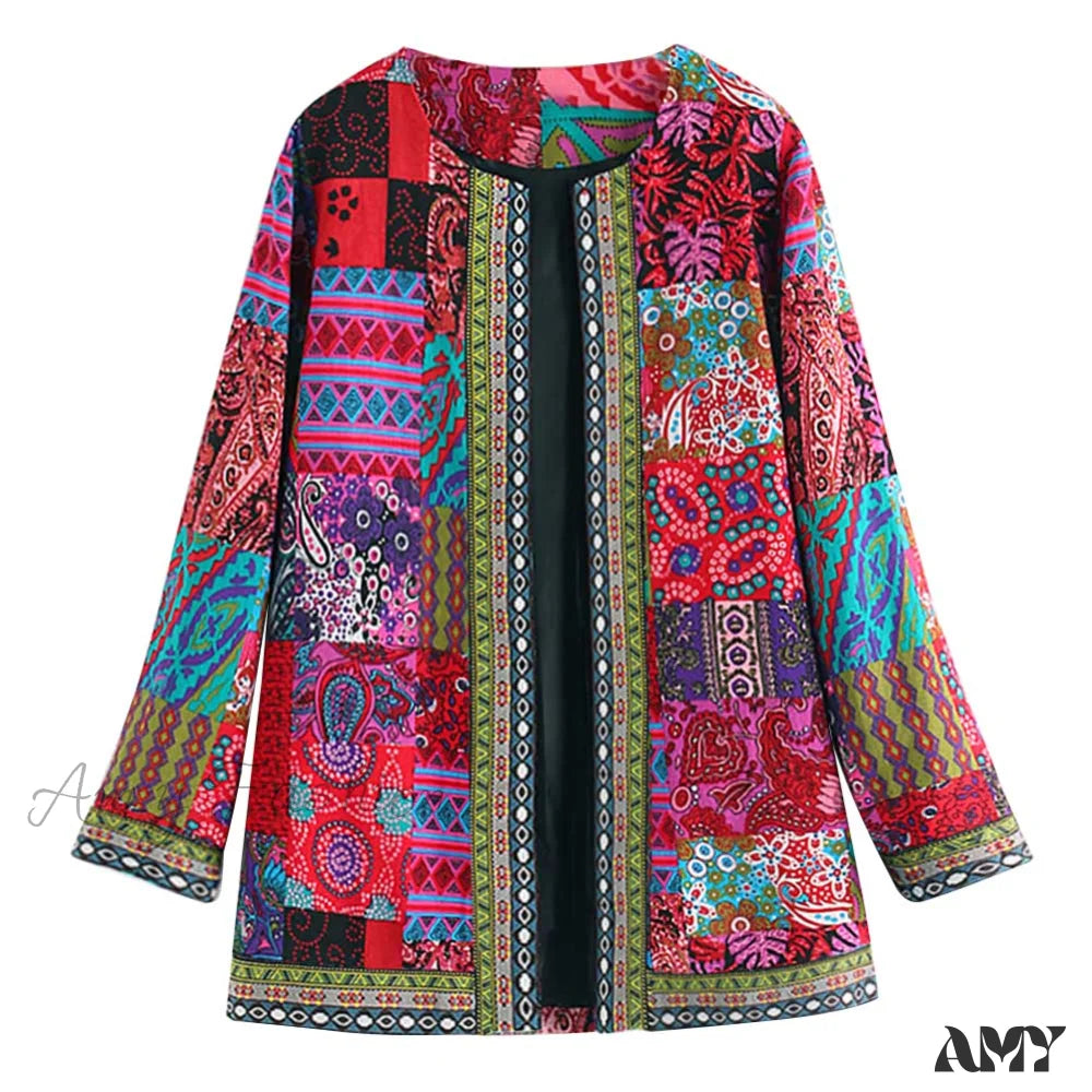 Amy Fashion - Ethnic Floral Print Long Sleeve Loose Coat Cardigan Chic Outerwear