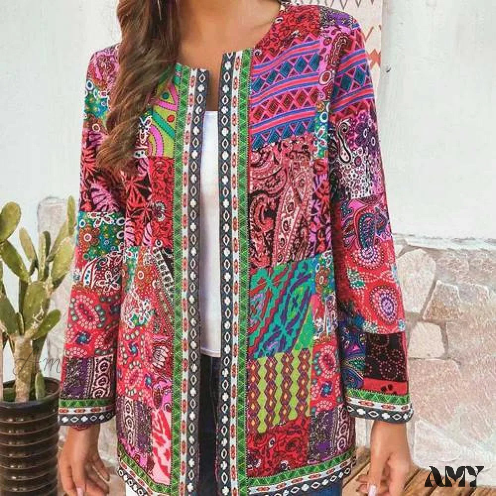 Amy Fashion - Ethnic Floral Print Long Sleeve Loose Coat Cardigan Chic Outerwear Red / L