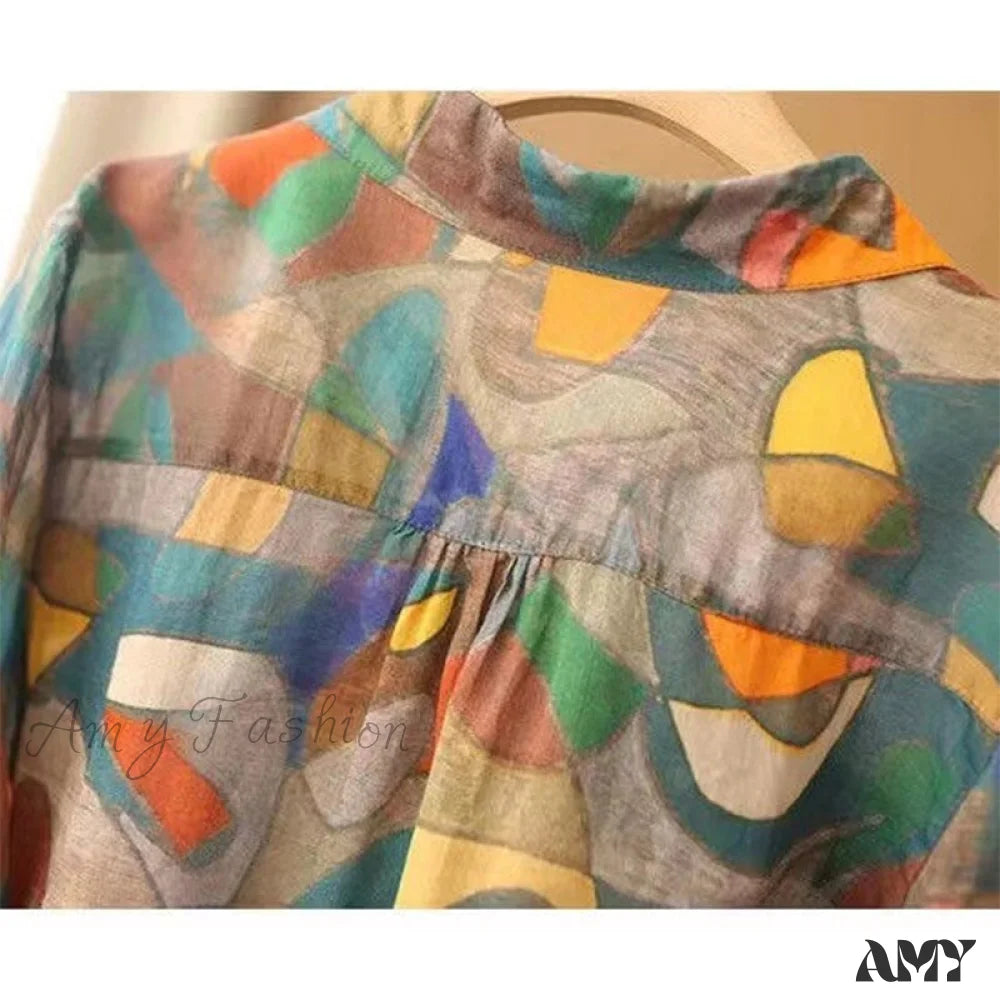 Amy Fashion - Ethnic Vintage Style Print Casual Blouses