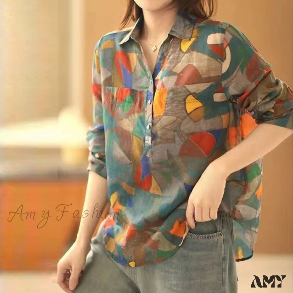 Amy Fashion - Ethnic Vintage Style Print Casual Blouses