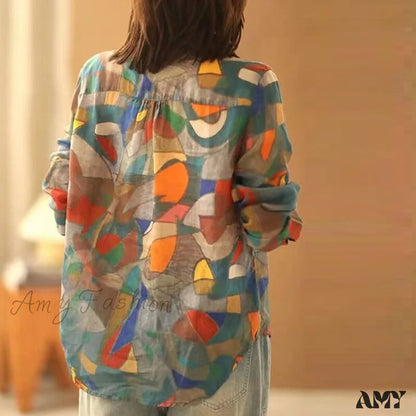 Amy Fashion - Ethnic Vintage Style Print Casual Blouses