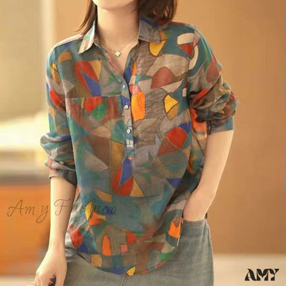 Amy Fashion - Ethnic Vintage Style Print Casual Blouses Long Sleeve / L