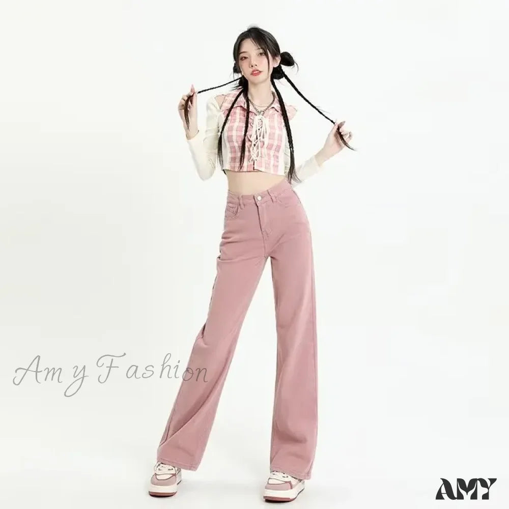 Amy Fashion - European And American Gentle Style Dirty Pink Ruffled Versatile Wide Leg Pants Jean /