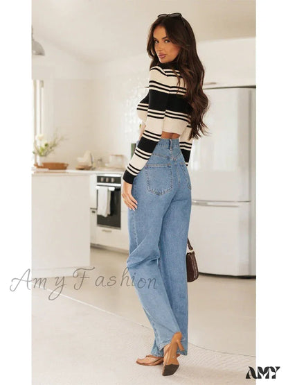 Amy Fashion - European And American Women’s Washed Long Basic Straight-Leg Pants All-Match For