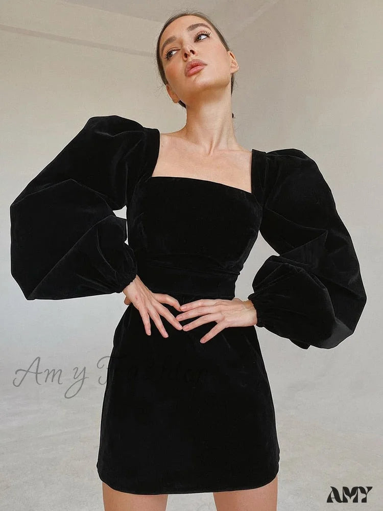 Amy Fashion - Evening Velvet Square Collar Christmas Party Dresses