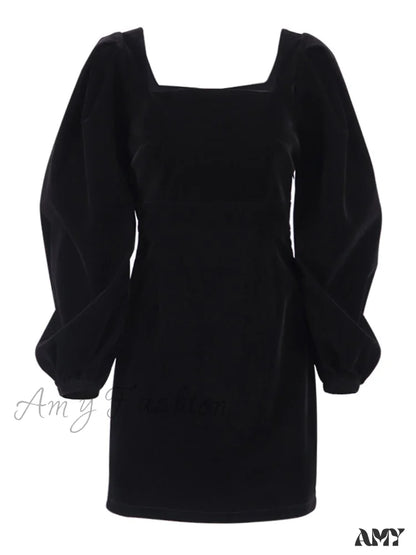 Amy Fashion - Evening Velvet Square Collar Christmas Party Dresses Black / S